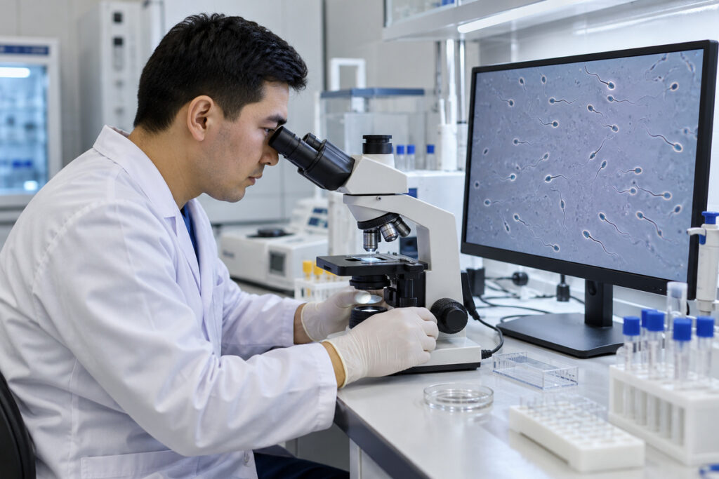 Astenozoospermiyaning laboratoriya diagnostikasi: mutaxassis spermatozoidlarni mikroskop ostida tekshirmoqda