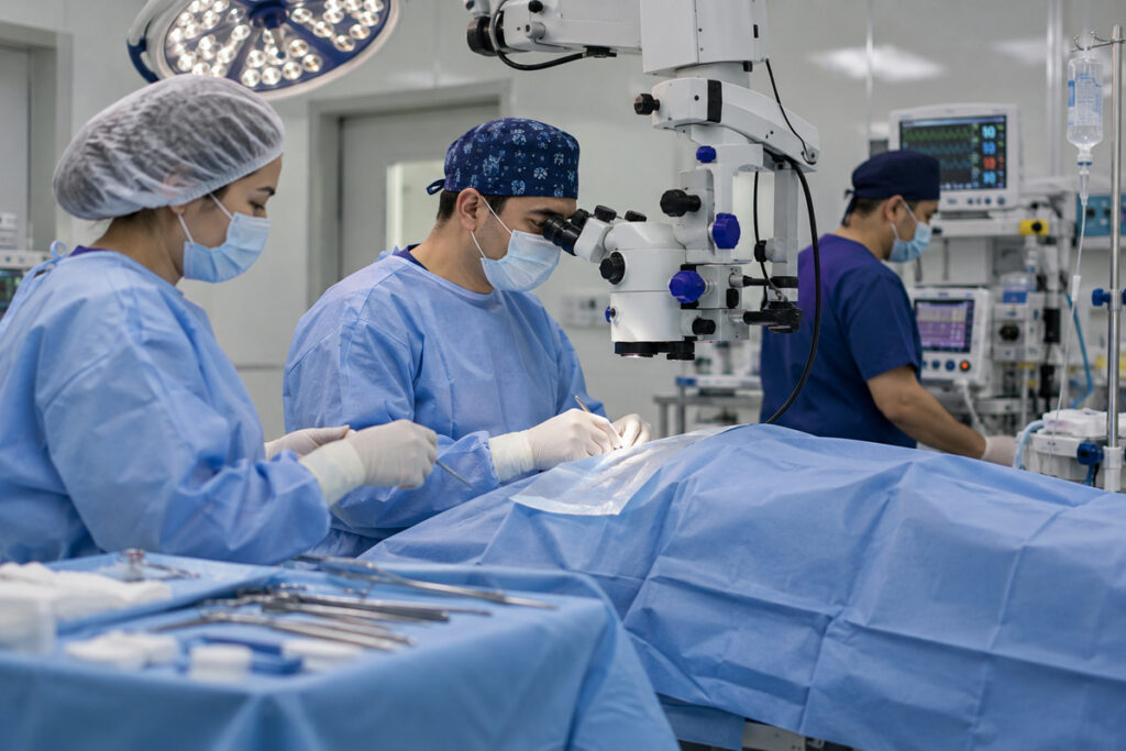 Jarrohlar operatsion mikroskop bilan ishlamoqda