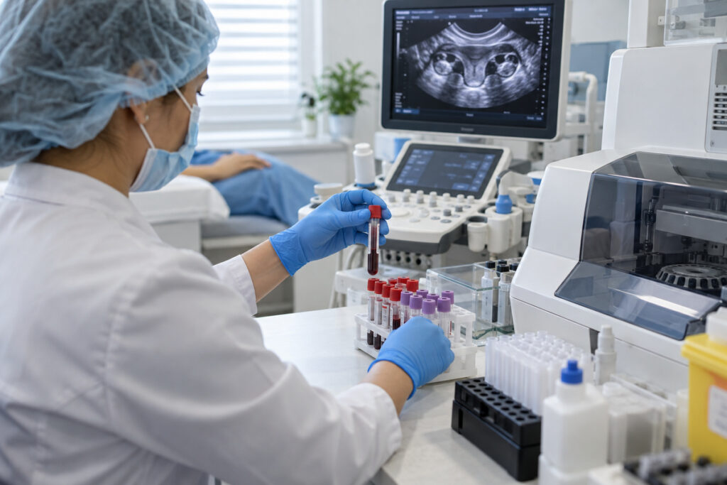 Shifokor tuxumdonlar va endometriyni ultratovushda tekshirmoqda