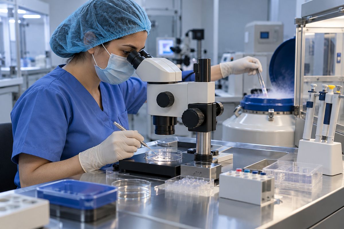 Embriolog laboratoriyada mikroskop ostida biomaterial bilan ishlamoqda
